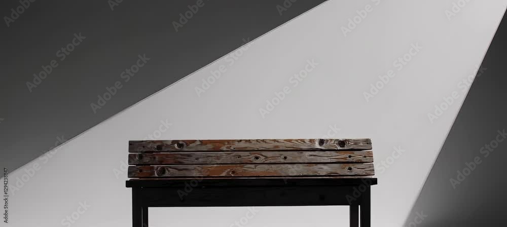 Poster dramatic shadows evolving across rustic wooden bench in minimalist setting