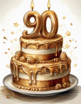 Illustration of decorated gold cake for birthday or anniversary party. Number 90, ninetieth birthday celebration