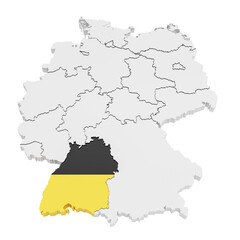 Germany and all its states. The state Baden-Württemberg highlighted and covered according to official flag. Isolated on transparent background