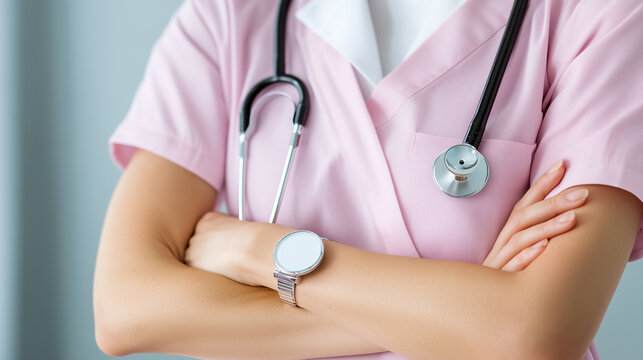 healthcare professional in pink uniform with stethoscope, arms crossed, exuding confidence and professionalism