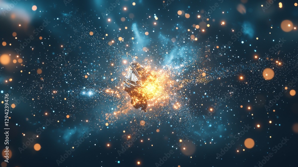 Poster explosive cosmic event with bright stars and vivid nebulae in outer space depicting galactic energy 