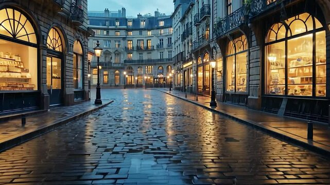 Parisian Street Scene at Dusk with Shop Windows and Wet Pavement