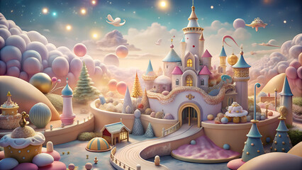 Magical 3d illustration storybook background with castles, dragons, and fairies in soft pastel tones, sparking imagination for Children’s Day with copy space  
