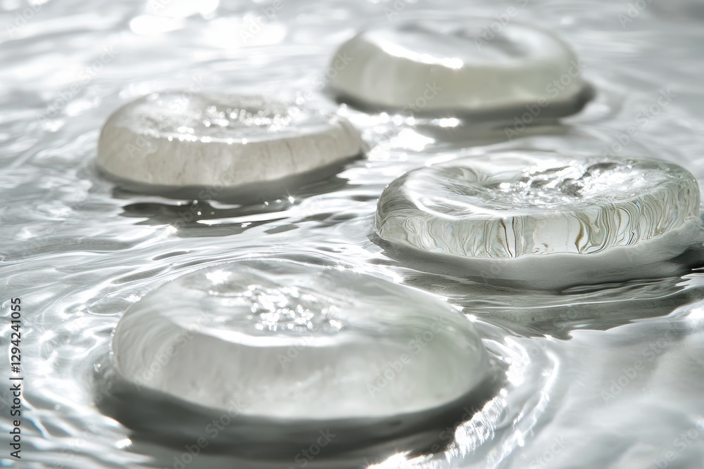 Poster clear disks float on shimmering silver liquid.