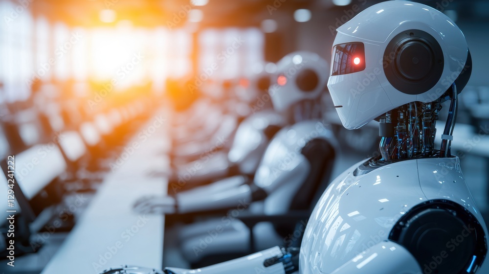 Poster a futuristic scene featuring humanoid robots sitting in an office, showcasing advanced technology an