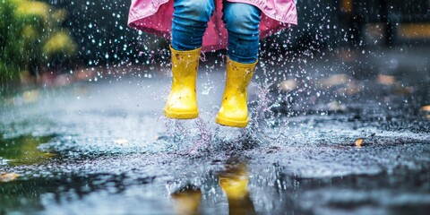 A little girl wearing bright yellow rain boots is joyfully jumping in a puddle