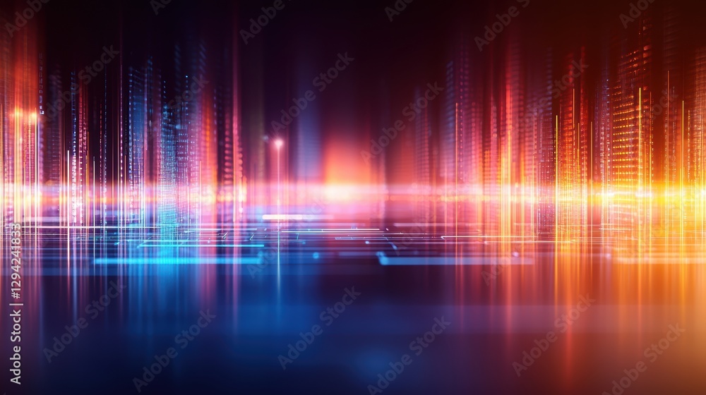 Poster a vibrant abstract design featuring colorful light streaks and reflections, creating a dynamic and f