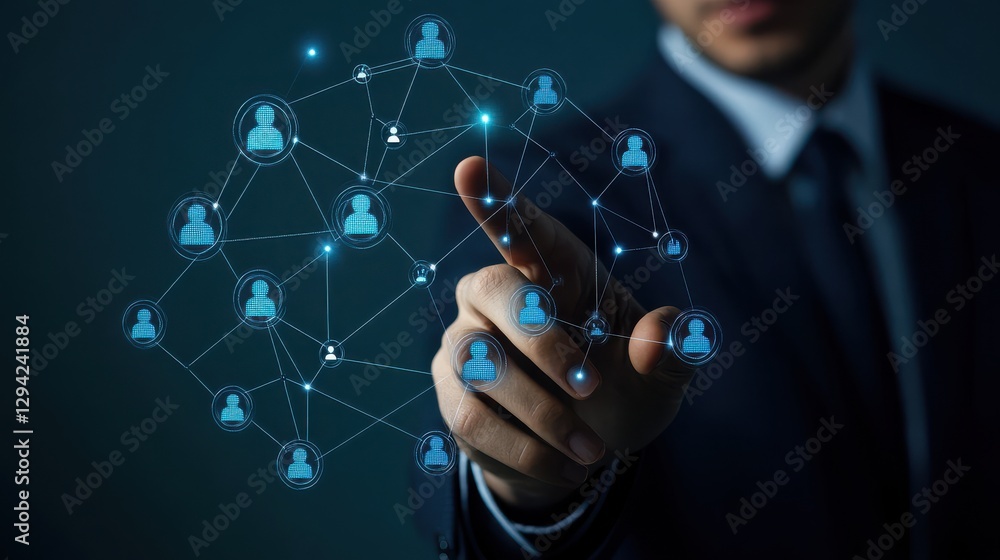 Aufkleber a business professional interacts with a digital network of connected user icons, symbolizing commun