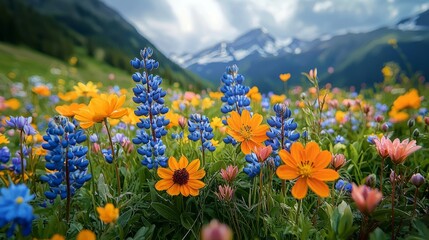 Fototapeta premium Wildflowers in a mountain meadow, vibrant colors, natural beauty, spring scene, mountain flowers