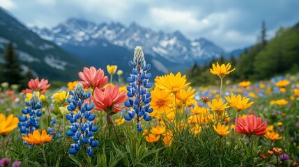 Obraz premium Wildflowers in a mountain meadow, vibrant colors, natural beauty, spring scene, mountain flowers