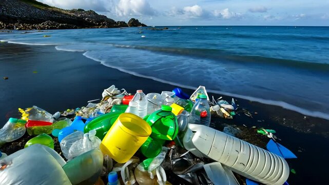 Plastic Waste Littering Beach and Polluting Ocean Environment with Waves in Background