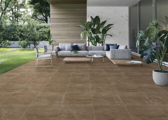 3D Render of a Modern Outdoor Lounge Area with Brown Tiling and Lush Greenery