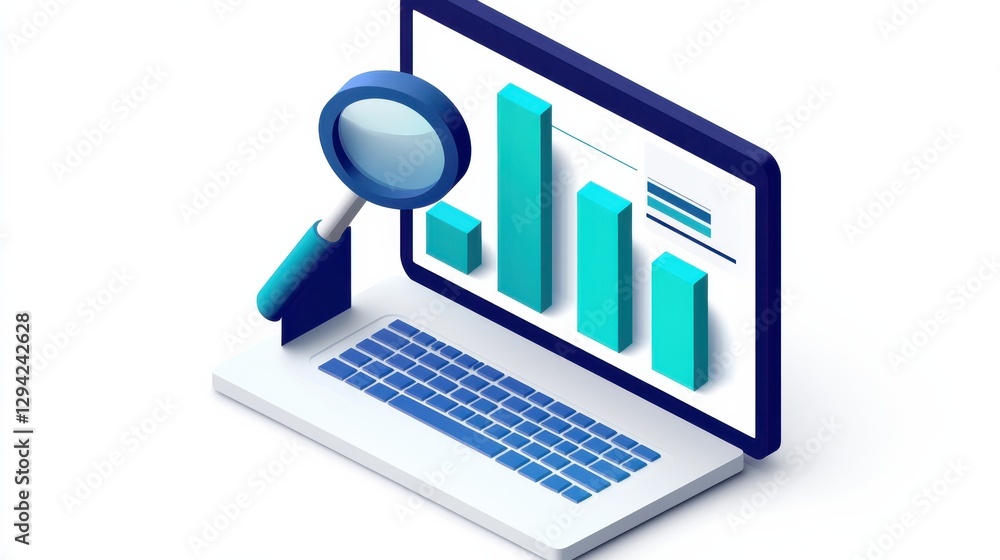 Poster a modern laptop displaying colorful bar graphs with a magnifying glass, representing data analysis a