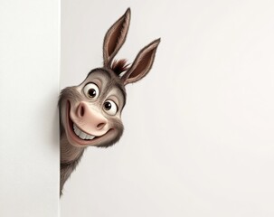 Playful animated donkey peeks around a wall with a happy expression in a colorful setting