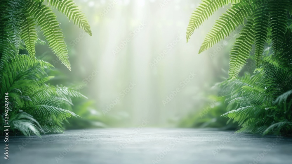 Poster a serene forest scene featuring lush ferns and soft light filtering through the trees, creating a tr