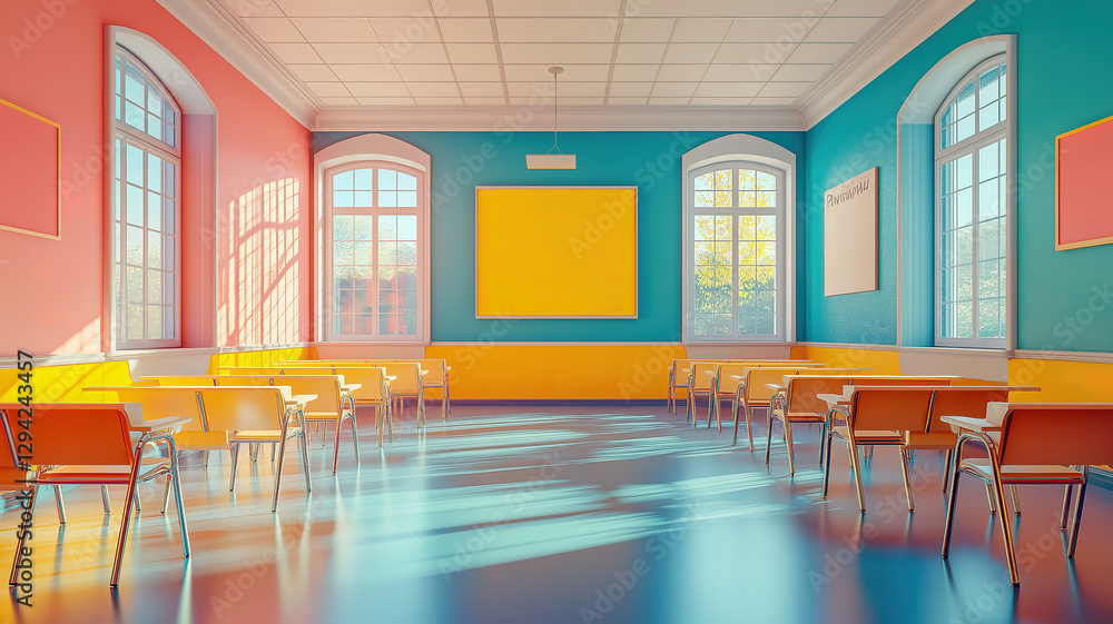 Poster back to school design template showcasing empty classroom with no students due to quarantine