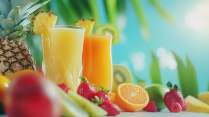 Fototapeta premium Creative Layout of Tropical Fruits and Juices on White Background