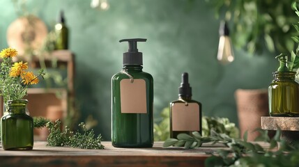 Eco-Friendly Product Display: Green Bottles and Natural Ingredients in a Studio Setting Highlighting Sustainable Branding and Marketing Practices