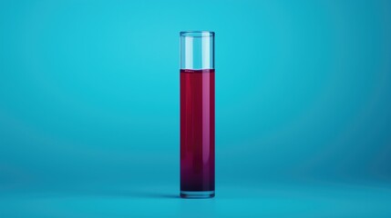 Glass test tube with red liquid on a blue background.