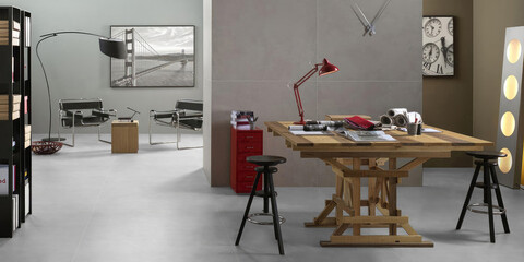3D Render of a Modern Home Office and Living Space with Gray Tiling and Stylish Decor