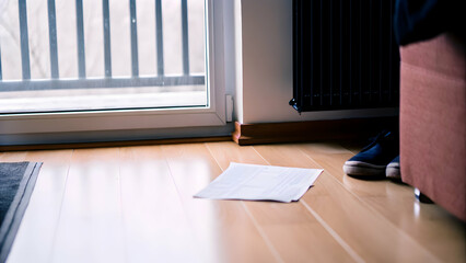 Minimalist eviction notice on empty apartment floor depicting quiet aftermath of economic loss and urban decline concept as Minimalist eviction notice placed on empty apartment floor symbolizing quiet