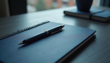 Navy Blue Notebook with Pen on a Desk