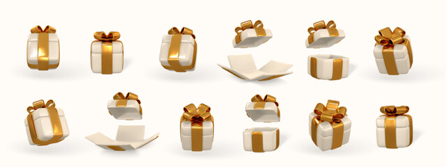 3d gift box with golden bow. Plastic box with shadow isolated on light background. Vector illustration