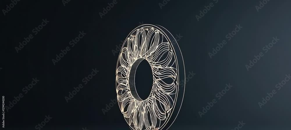 Poster rotating abstract metallic ring with intricate patterns and dark background