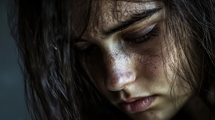 Emotional Portrait of a Woman Reflecting Pain and Struggle Amidst Domestic Violence and Women's Rights Advocacy