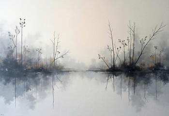 Fototapeta premium Serene Landscape Reflection in Soft Grayscale Art