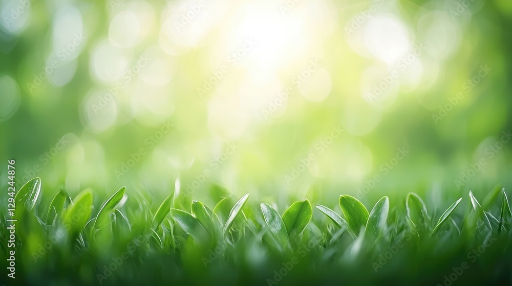 Poster a serene view of lush green grass, illuminated by soft sunlight, creating a calming and natural atmo