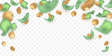3d dollar notes and gold coins falling. Financial success concept. Vector illustration