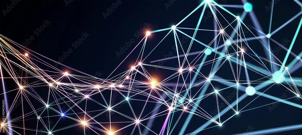 Poster dynamic neural network with glowing nodes and interconnected lines in motion