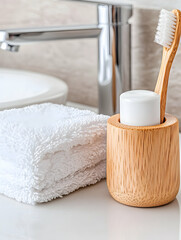 Bathroom bamboo toothbrush holder, towels, and toothpaste