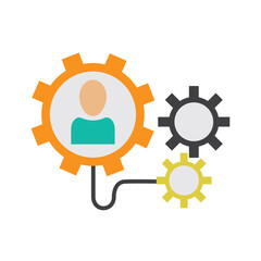 Flat vector illustration of a gear system with a human figure inside, representing teamwork, employee workflow integration, and business process automation in an organizational setting