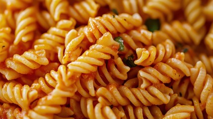 Freshly cooked pasta with tomato sauce and basil.