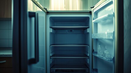 Fototapeta premium Empty Refrigerator in Poor Home Illustrating Food Insecurity and Lack of Resources in a Kitchen Setting