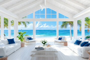 Fototapeta premium Beachfront living room, ocean view, white interior