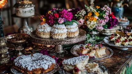 Naklejka premium Elegant Dessert Display with Flowers and Vintage Table Setting