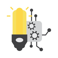 Vector illustration of a light bulb connected to gears and a circuit board representing technological innovation and creative engineering solutions