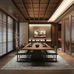 An elegant dining room with wooden and natural elements