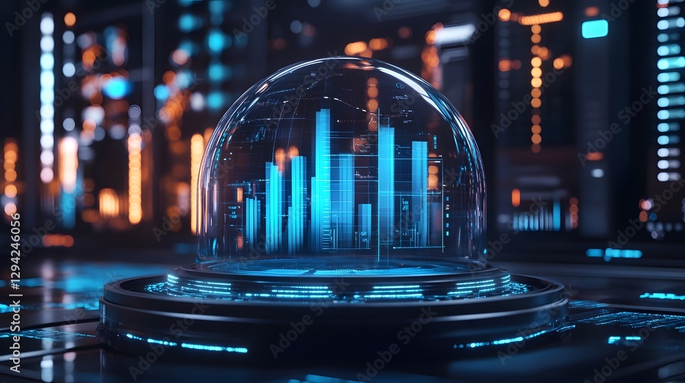 Poster digital futuristic bar chart in a glass dome glowing with light, showcasing advanced data visualizat
