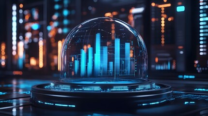 Digital futuristic bar chart in a glass dome glowing with light, showcasing advanced data visualization and technology