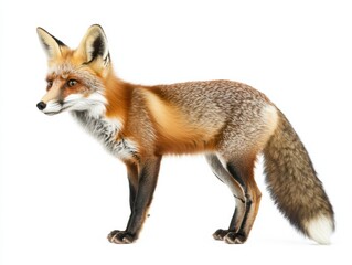 Fototapeta premium Red fox standing gracefully on a white background showcasing its vibrant fur and alert demeanor