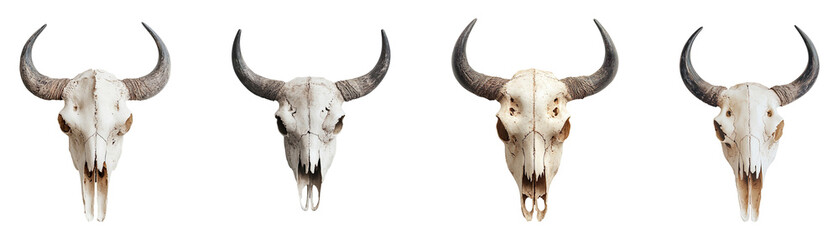 Collection of beige bison skulls isolated on transparent background