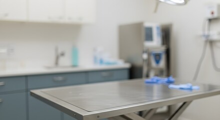 Veterinary examination table in modern animal clinic. Stainless steel surface for pet procedures. Clean medical environment with cabinets and equipment in background.
