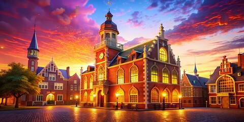 Obraz premium Edam Town Hall, Netherlands: Charming Dutch Architecture with Bokeh Background