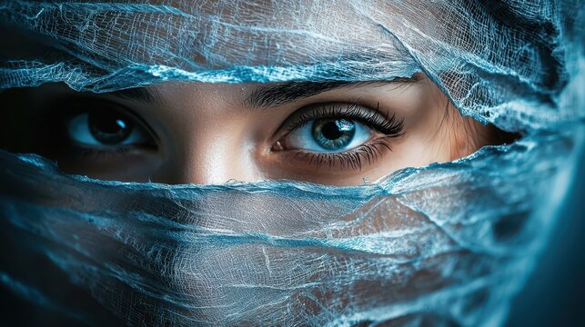 Intriguing Portrait of a Woman’s Eyes Partially Covered by Fabric Symbolizing Internet Censorship and Restricted Access to Information