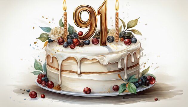 Illustration of decorated white cake for birthday or anniversary party. Number 91, ninety-first birthday celebration