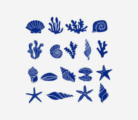 Hand drawn underwater sea life icons, minimalist blue abstract design